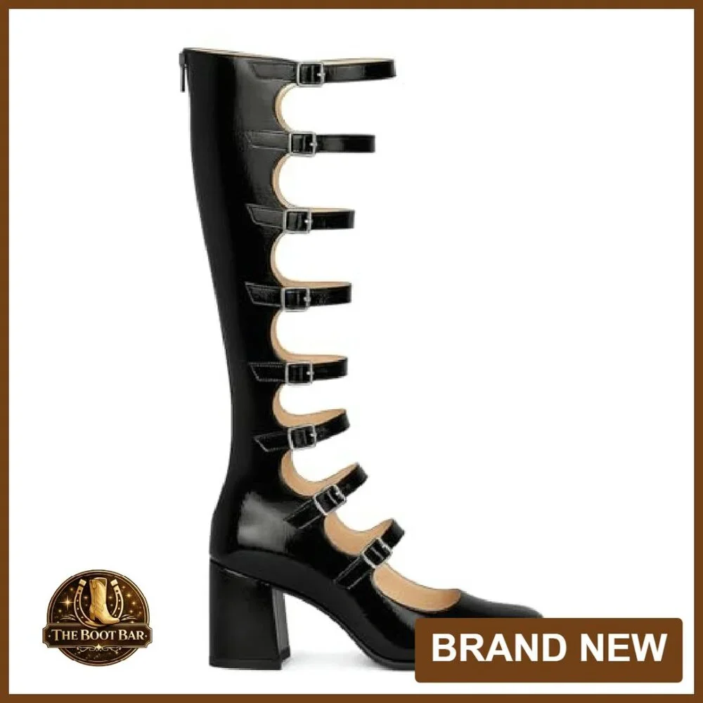 Knee High Chunky Heel Combat Boots with Buckles Back Zip Square Toe - Picture 7 of 8